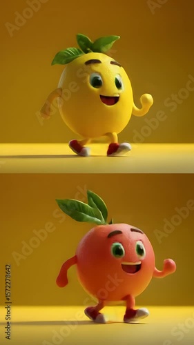 Cheerful Cartoon Fruits with Expressive Faces and Playful Poses