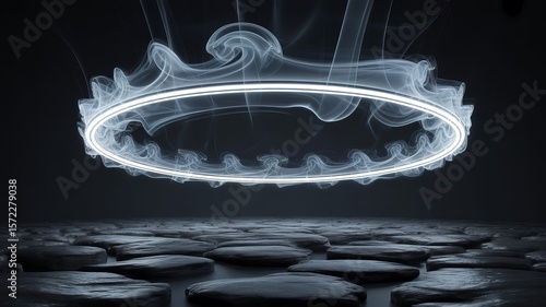 Ethereal glowing crown of smoke and light hovers above a textured dark surface