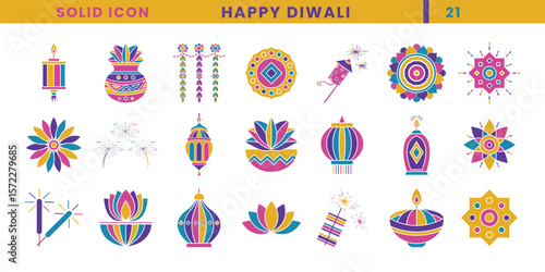 Colorful solid icons of Diwali festival. Vector icon set for celebration happy Diwali.