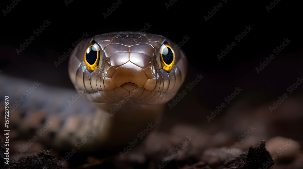 Fototapeta premium Serpentine Stare: A close-up portrait of a snake reveals captivating details, its eyes shining with an uncanny intensity, conveying a sense of both beauty and wildness.