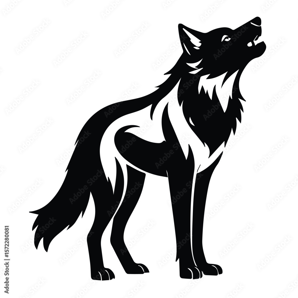 Black and white stylized wolf illustration in profile view. Animal howling at something in the distance. Black and white stylized wolf illustration in profile view. Animal howling at something in the distance.