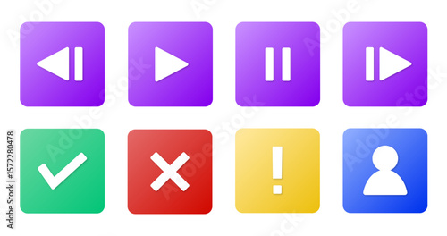 チェックマークや再生/一時停止/巻き戻し/早送りなどのアイコンセット( ベクター 編集可能)