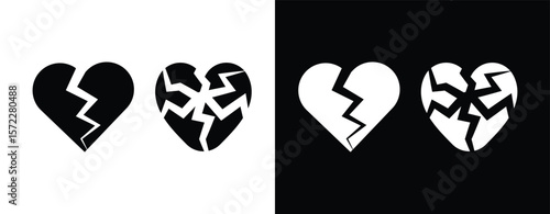 Broken heart silhouette icon set. Cracked love heart vector collection. Black heartbreak symbols for sadness, pain, and breakup themes.