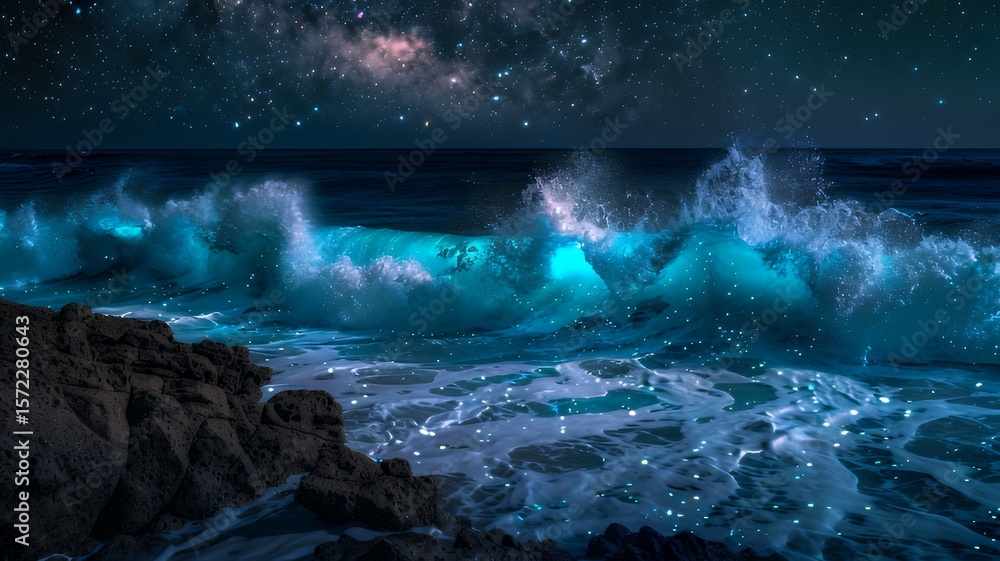 Naklejka premium Bioluminescent Waves Under Starry Sky