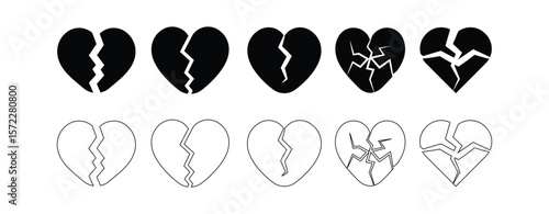 Set of broken heart icons in silhouette style. Cracked and shattered heart symbols for emotional pain, separation, and sad love design.