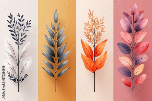 Four branches with colorful leaves in a row, different hues. For backgrounds, decorations, graphic design, cards, or any creative projects.