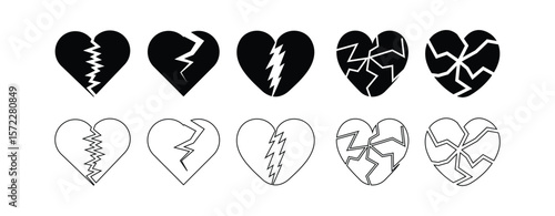 Broken heart silhouette icon set. Cracked love heart vector collection. Black heartbreak symbols for sadness, pain, and breakup themes.