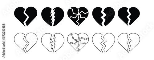 Broken heart, Cracked heart icon collection in black and white filled and stroke line style simple and modern design. sad separation icon.
