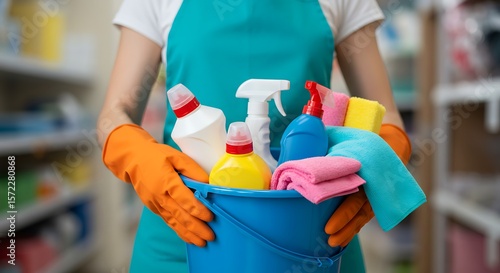 Ready to clean: person in uniform holding cleaning solutions and rags in a utility bucket.


