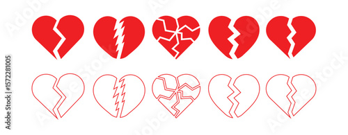 Set of red broken heart icons. Crushed and shattered heart symbols for heartbreak, romantic pain, and emotional sadness themes.