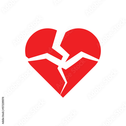 Red broken heart icon. Cracked love symbol for heartbreak, sadness, and emotional pain.