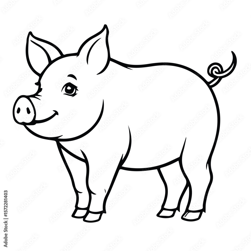 Fototapeta premium Cute pig illustration in black and white coloring book style. Standing pig with happy expression in a simple, cartoonish pose against a plain white background.