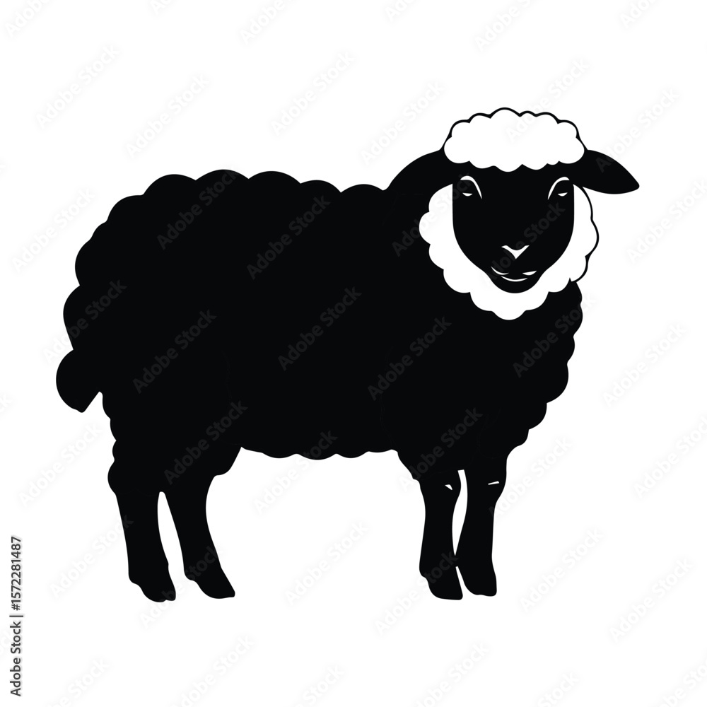 Obraz premium Black and white silhouette of a sheep facing forward in a simple farm setting. Simple, stylized sheep silhouette against a plain white background.