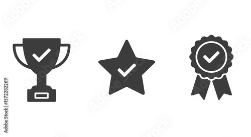 Verified Achievement and Quality Award Icons Set.  Set of three dark grey icons: trophy, star, and award ribbon, all with checkmarks. Symbolizes verified achievement, quality, and excellence.