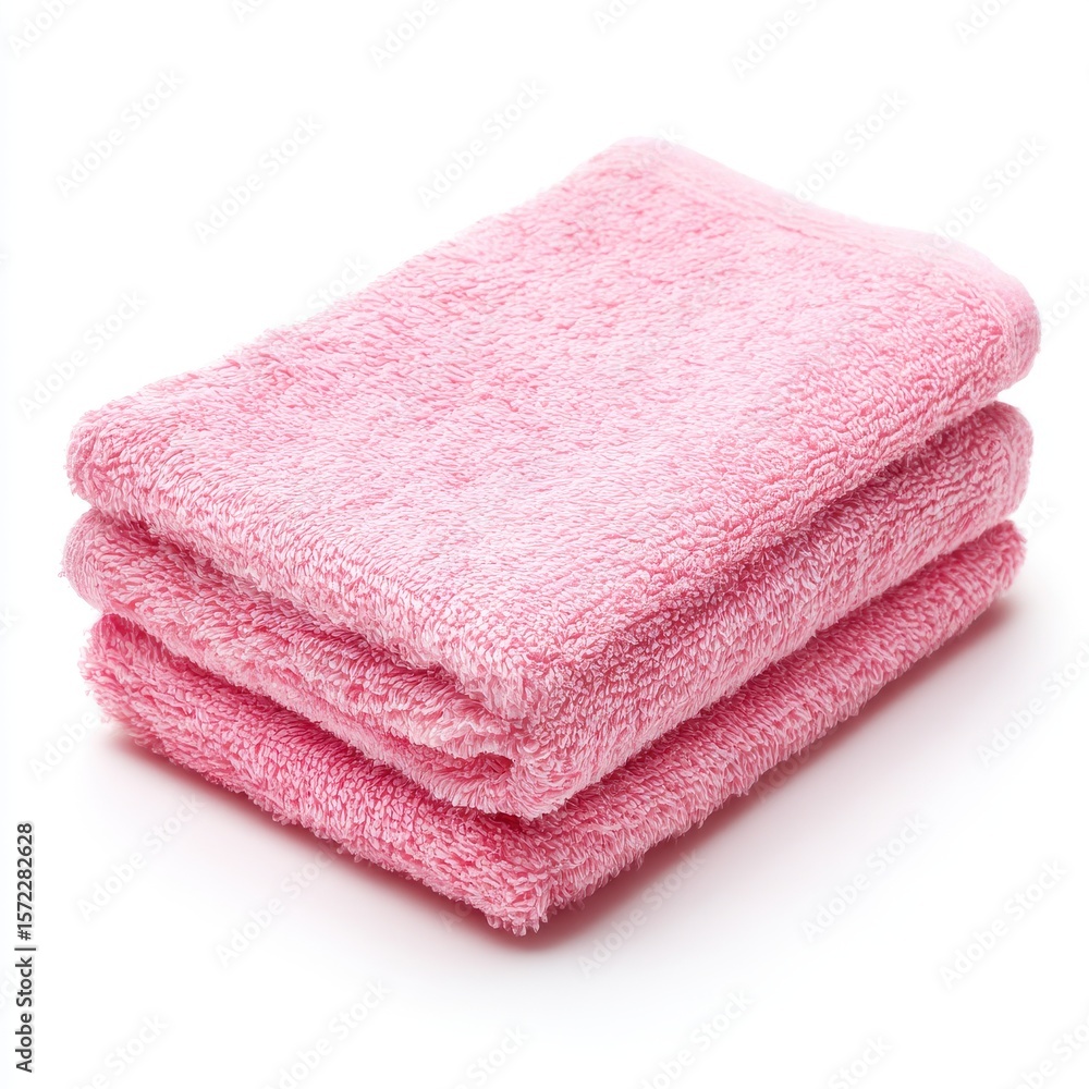Three soft pink terry cloth towels stacked neatly isolated on white background Three soft pink terry cloth towels stacked neatly isolated on white background