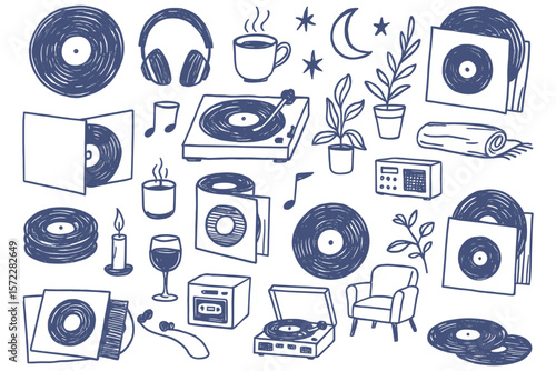 Cozy music listening atmosphere with vinyl records and warm beverages in a doodle style illustration