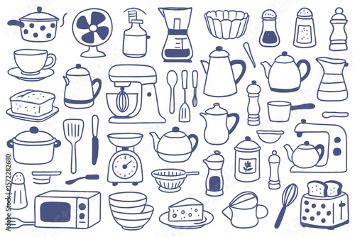 Seamless kitchenware pattern with hand drawn cooking tools and appliances design elements isolated