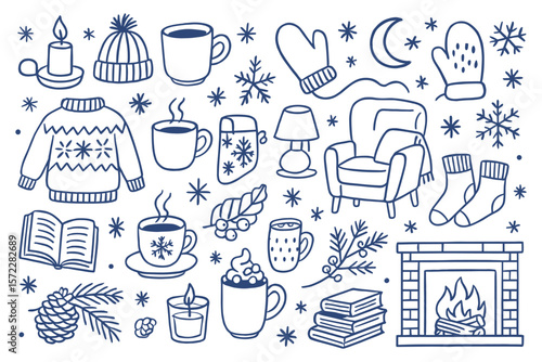 Cozy winter doodles hand drawn vector set with warm sweater and fireplace season holiday elements