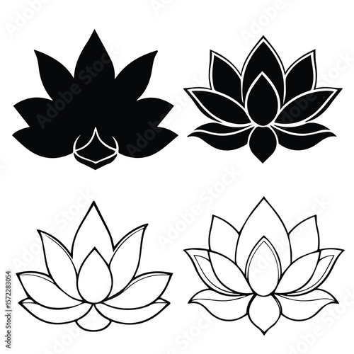 Lotus flower designs in black and white, symbolic and decorative. Four lotus flower images in various black and white designs, perfect for logo design, print, or digital media.