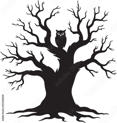 Haunted Tree With Owl Halloween Silhouette Vector