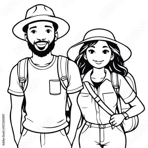 African American and Asian woman hikers standing together in the outdoors. Smiling and carrying backpacks with a friendly pose against a plain white background.