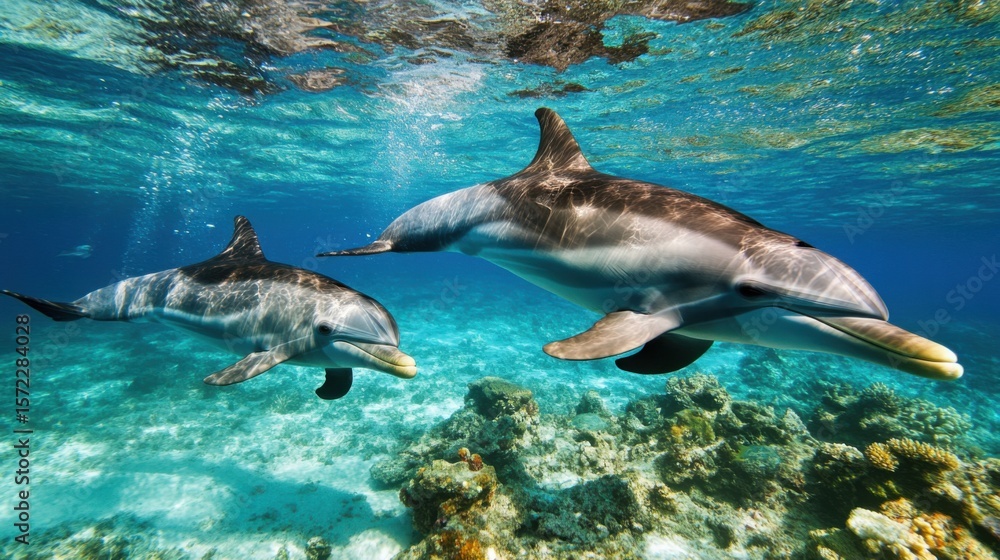 Fototapeta premium Dolphins approach divers, showing curiosity and friendliness 