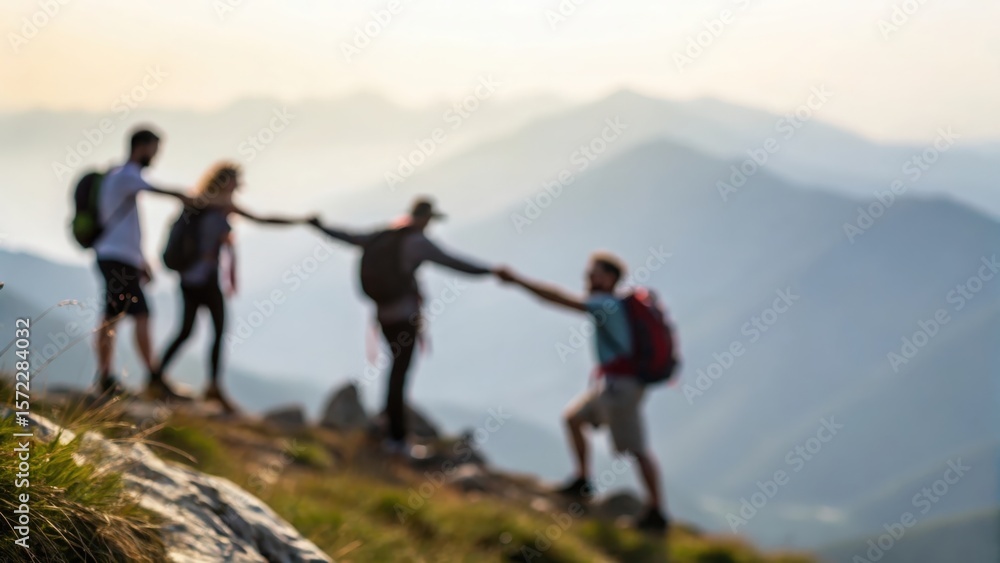 Obraz premium Blurred background of friends forming chain on mountain ridge in team harmony 