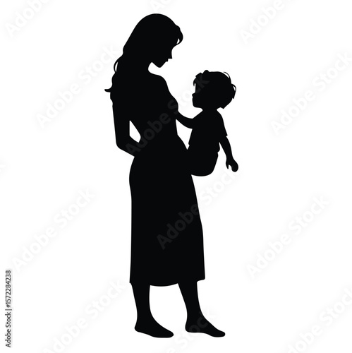Female adult holding child in silhouette, casual dress/no shoes, standing, candid pose on white background. Mother and child indoors. Silhouette of a mother and child.