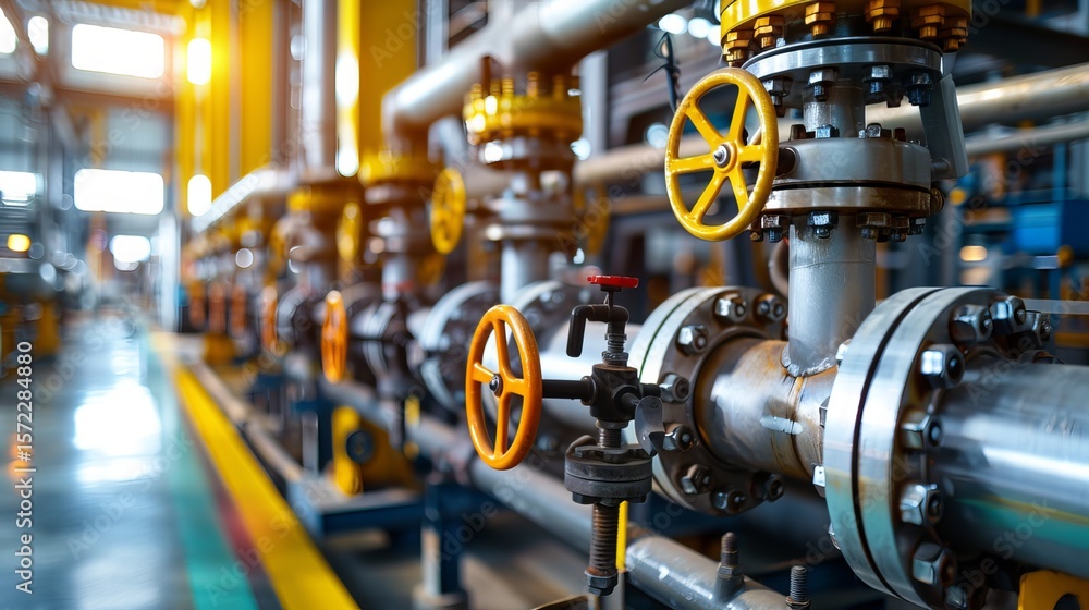 Fototapeta premium Oil refinery plant with pipelines and valves. Equipment for refining oil.