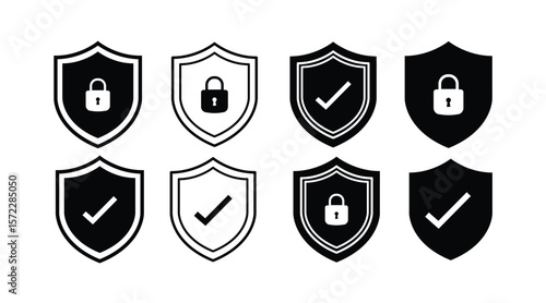 Security shield sign vector illustration, Lock security icon, Set of security shield icons, security shields symbols with check mark and padlock, Shield security icon, Safety, protection sign.
