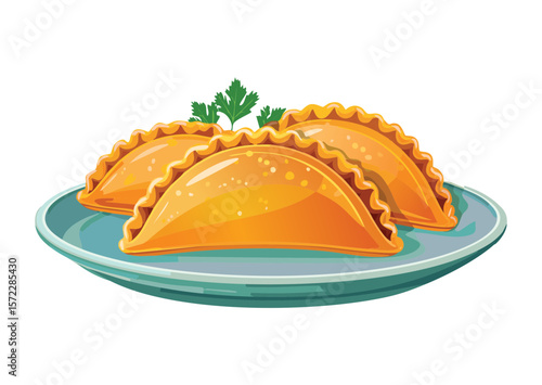 Golden Empanadas Orange Plate Herbs - Vector Illustration