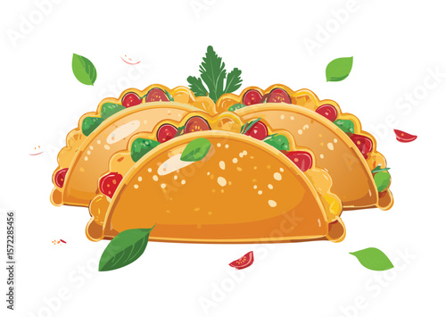 Fresh Baked Empanadas Scattered Herb Garnish - Vector Illustration