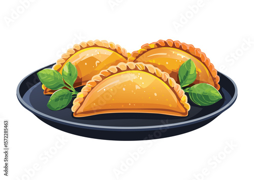 Golden Empanadas Dark Plate Presentation - Vector Illustration