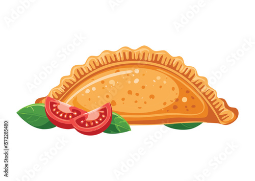 Golden Empanada Tomato Herb Garnish - Vector Illustration