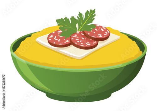 Creamy Polenta Sausage Herbs Garnish - Vector Illustration
