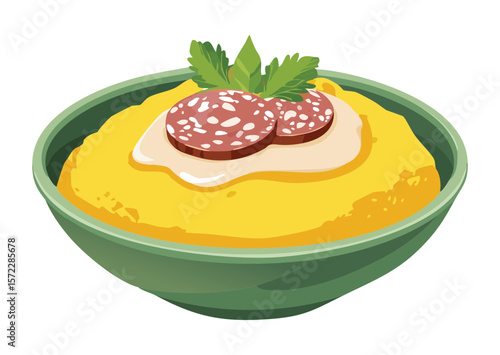 Creamy Polenta Sausage Herb Garnish - Vector Illustration