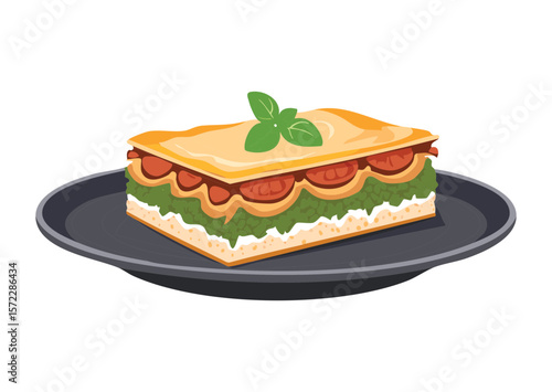 Prepared Lasagna Served on Dark Plate - Vector Illustration