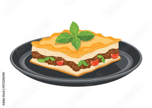 Delicious Lasagna Portion on Plate - Vector Illustration