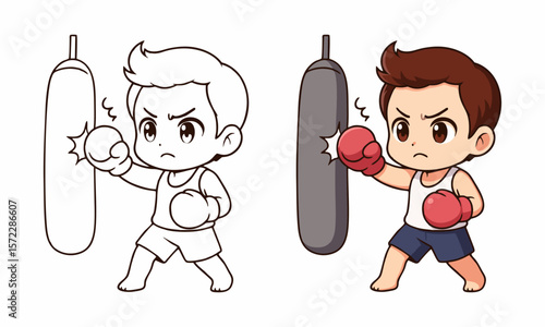 boy punching sand sack coloring page for kids
