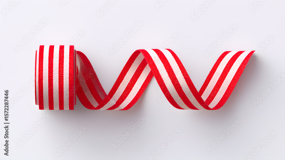 Fototapeta premium Red and white striped ribbon on a spool, isolated on white. Great for holiday wrapping visuals, craft branding, and Christmas decor mockups.