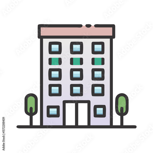 Modern multistory building icon with trees and rooftop