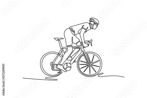 Continuous one line drawing side view active sportsman in protective helmet riding gravel bicycle. Male athlete in sportswear cycling on the road. Single line draw design vector graphic illustration