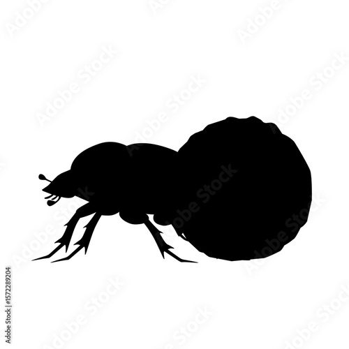 Silhouette of a dung beetle pushing a round ball. Clean black vector useful for minimal icons, insect identification, or nature graphic sets