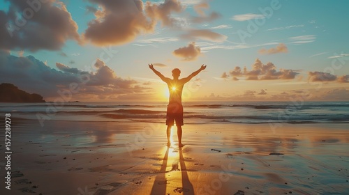 The man is raising his arms up and enjoying the sunset. He's delighted and standing with his hands up looking at the sunrise. He's self-caring, traveling, and enjoying a healthy lifestyle.