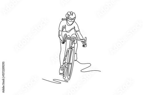 Continuous one line drawing fit female cyclist in sport clothing, protective helmet and sunglasses riding road bike. Sportswoman preparing for race. Single line draw design vector graphic illustration