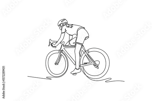 Single continuous line drawing back view healthy female cyclist wearing cycling kit and helmet riding on the road on a gravel bike. Sports motivation. One line draw graphic design vector illustration