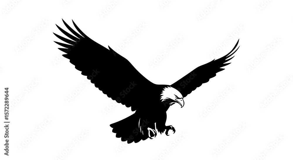 Obraz premium A majestic bald eagle soars with wings spread, talons extended, rendered in black and white.