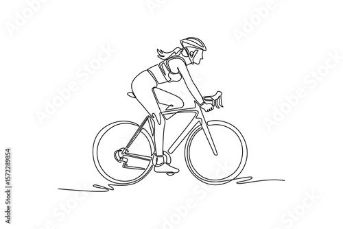 Single one line drawing side view sportswoman in protective helmet riding road bike bicycle. Female athlete cycling on the countryside outdoors. Continuous line draw design graphic vector illustration