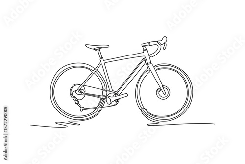 Single one line drawing professional gravel bicycle or road bike with drop handlebars and disc brakes. Active sport, health, recreation. Modern continuous line draw design graphic vector illustration