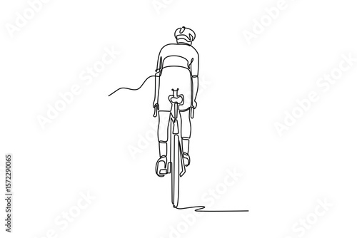 Single one line drawing back view of healthy male cyclist wearing cycling kit and helmet riding on the road on a gravel bike. Sports motivation. Continuous line draw design graphic vector illustration